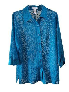 Draper's & Damon's Aqua Sheer Button Up Long Sleeve Blouse